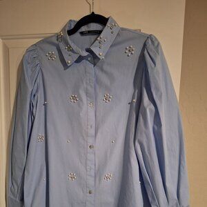 Zara Pale Blue Blouse w/Pearls & Rhinestones